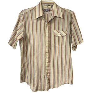 Vintage Contour Fitted Stripe Shirt – Earth Tones, Retro Summer Button-Up (M)